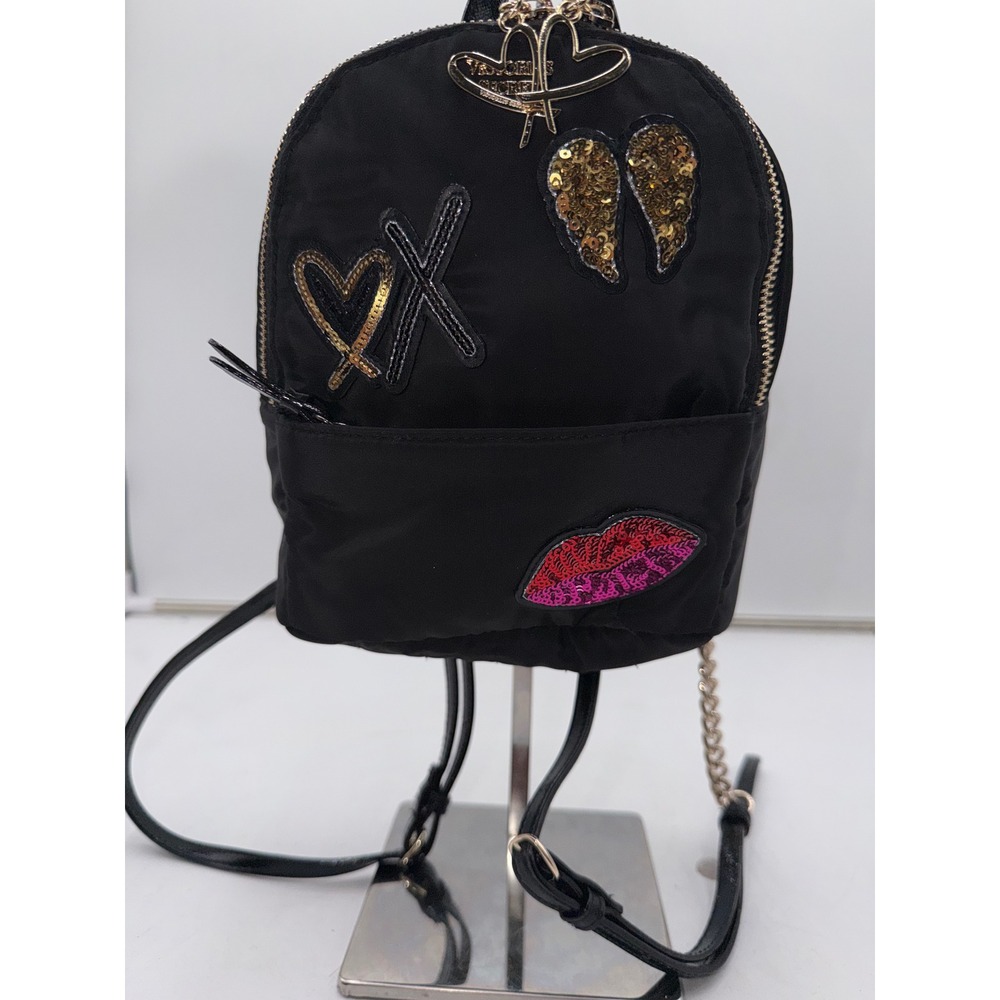 Victoria's Secret Mini Backpack Black Nylon Sequin Angel WingsXO Lips Heart Logo - Picture 2 of 11